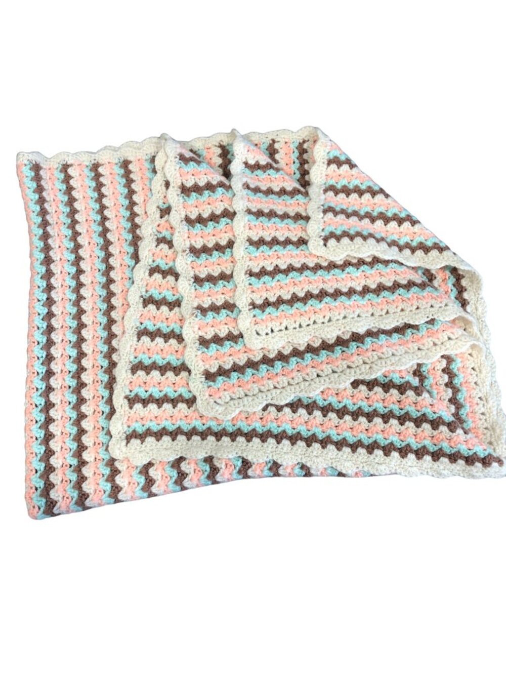 Handcrafted Crochet Blanket Brown Pink Blue Oatmeal Scalloped Edges 58x45